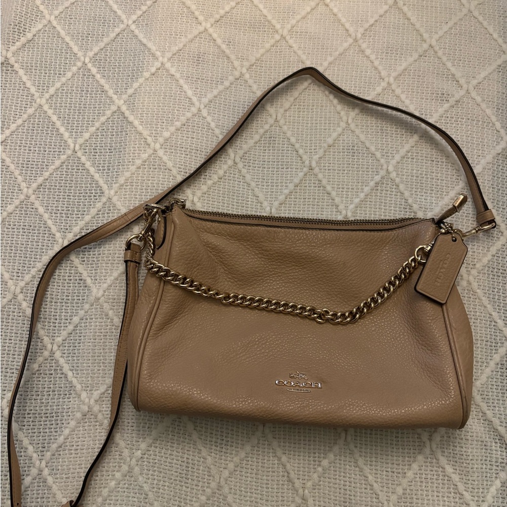 Coach Beige Leather Shoulder Bag with Chain Detail